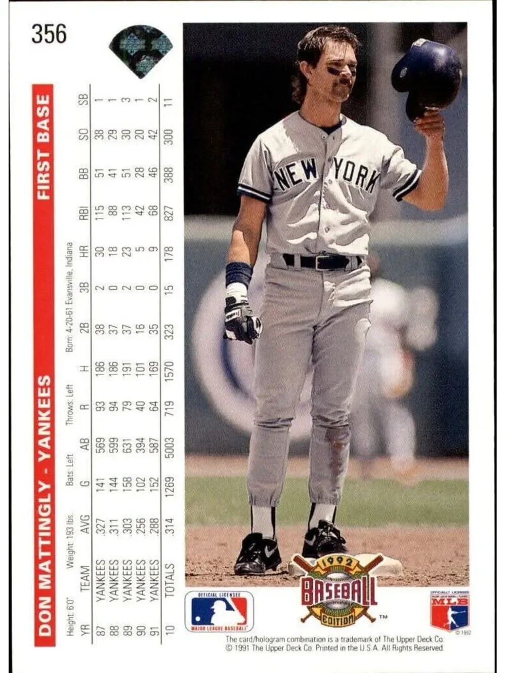 Don Mattingly 1992 Upper Deck MLB #356 Baseball Card New York Yankees